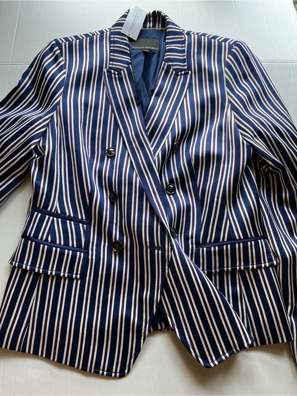 NWT Banana Republic Navy Burgundy & White Striped Double-Breasted Blazer Jacket
